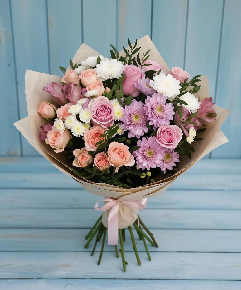 Букет цветов из: Хризантемы, Розы и Альстромерии в Рамони