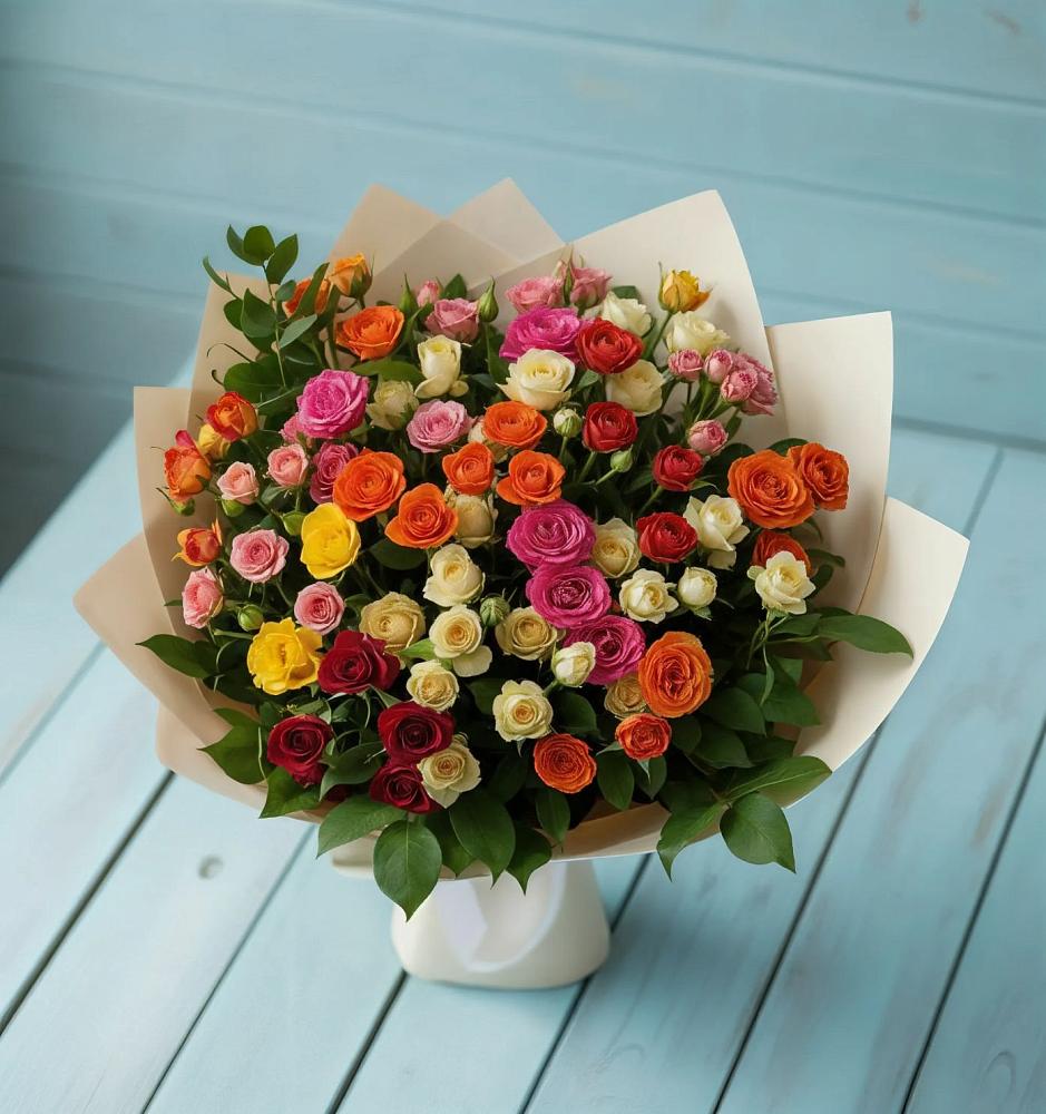 Букет Микс из разноцветных кустовых роз в Рамони