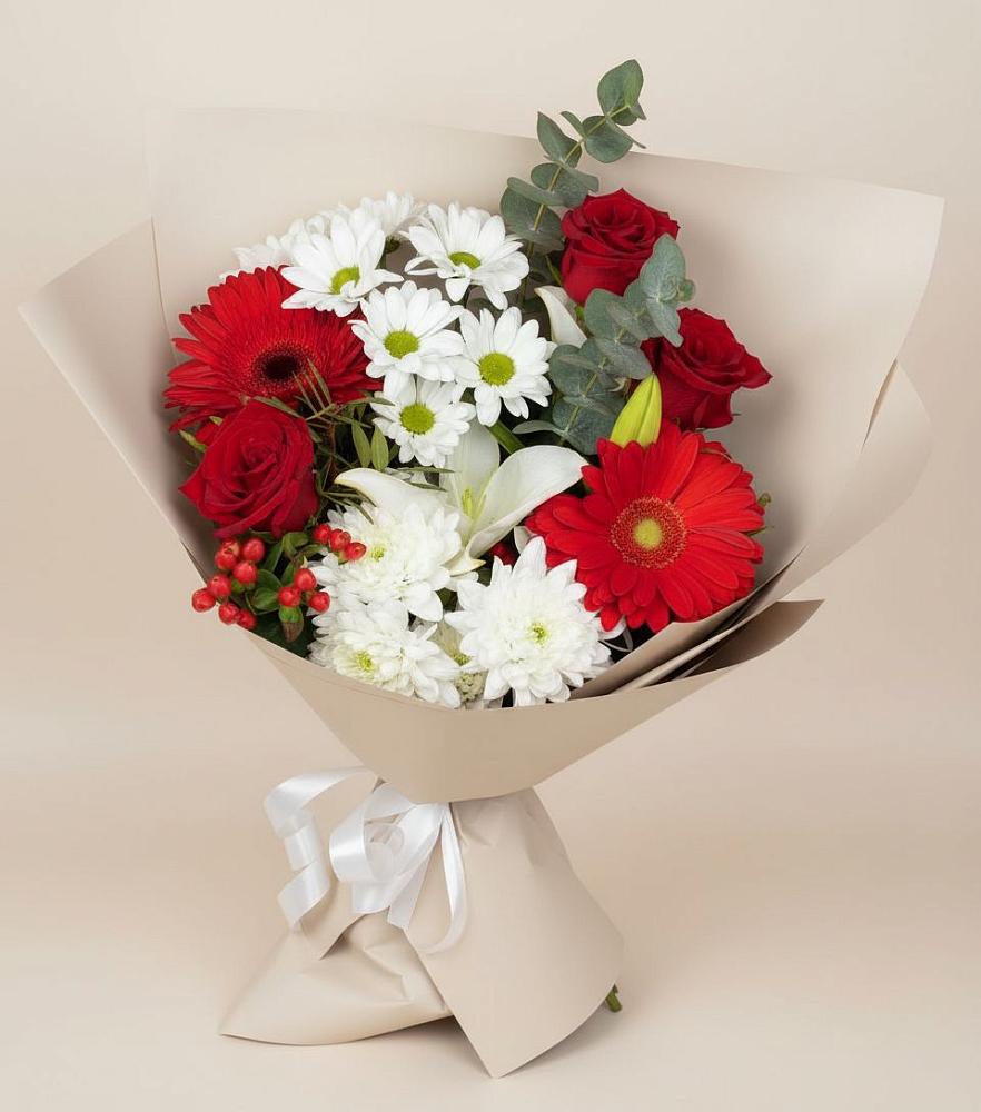 Букет цветов из: Розы, Хризантемы, Герберы и Лилии в Рамони
