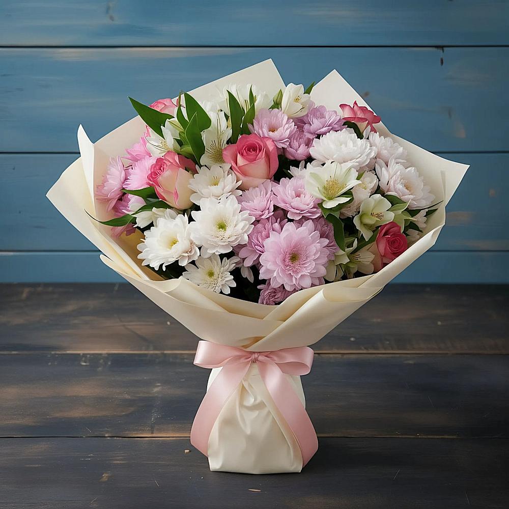 Букет цветов из: Хризантемы, Альстромерии и Розы в Рамони